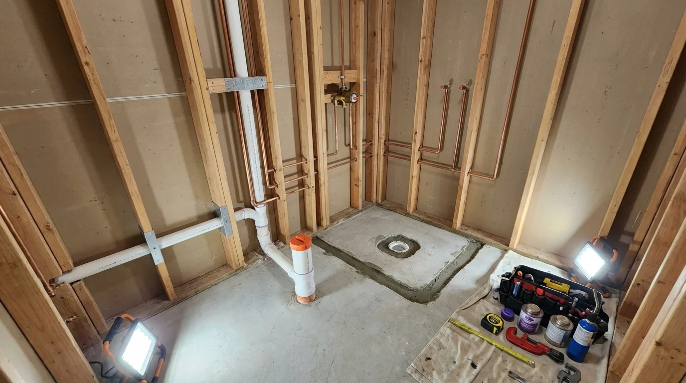 Bathroom rough-in plumbing during remodel by Johns Plumbing LLC in Ellettsville
