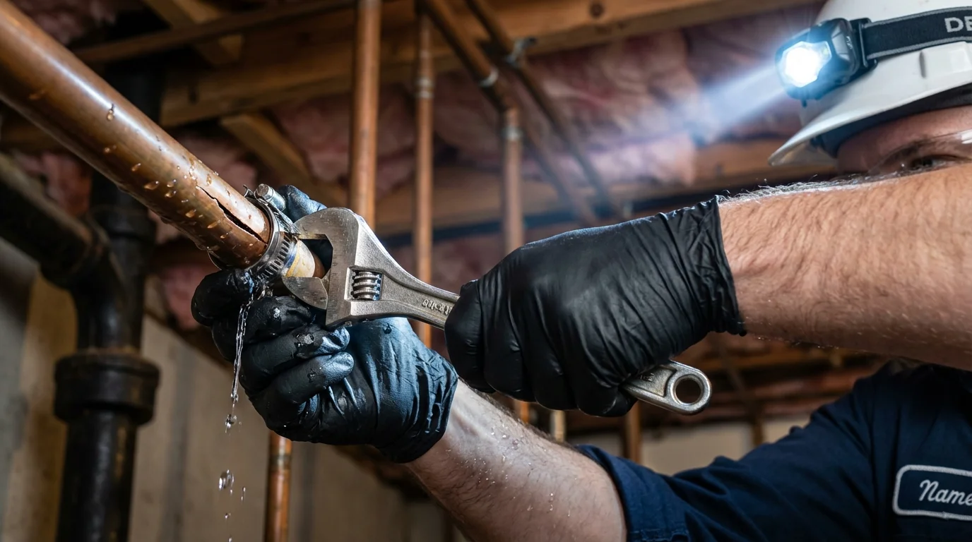 Emergency pipe clamp repair being performed by a Johns Plumbing LLC plumber in Ellettsville