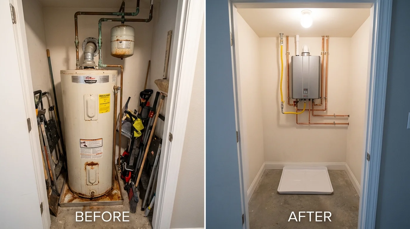 Tank water heater versus wall-mounted tankless unit comparison for Ellettsville, IN homeowners