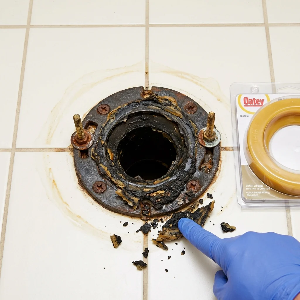 Failed wax ring showing water seepage at the base of a toilet in a Ellettsville, IN home