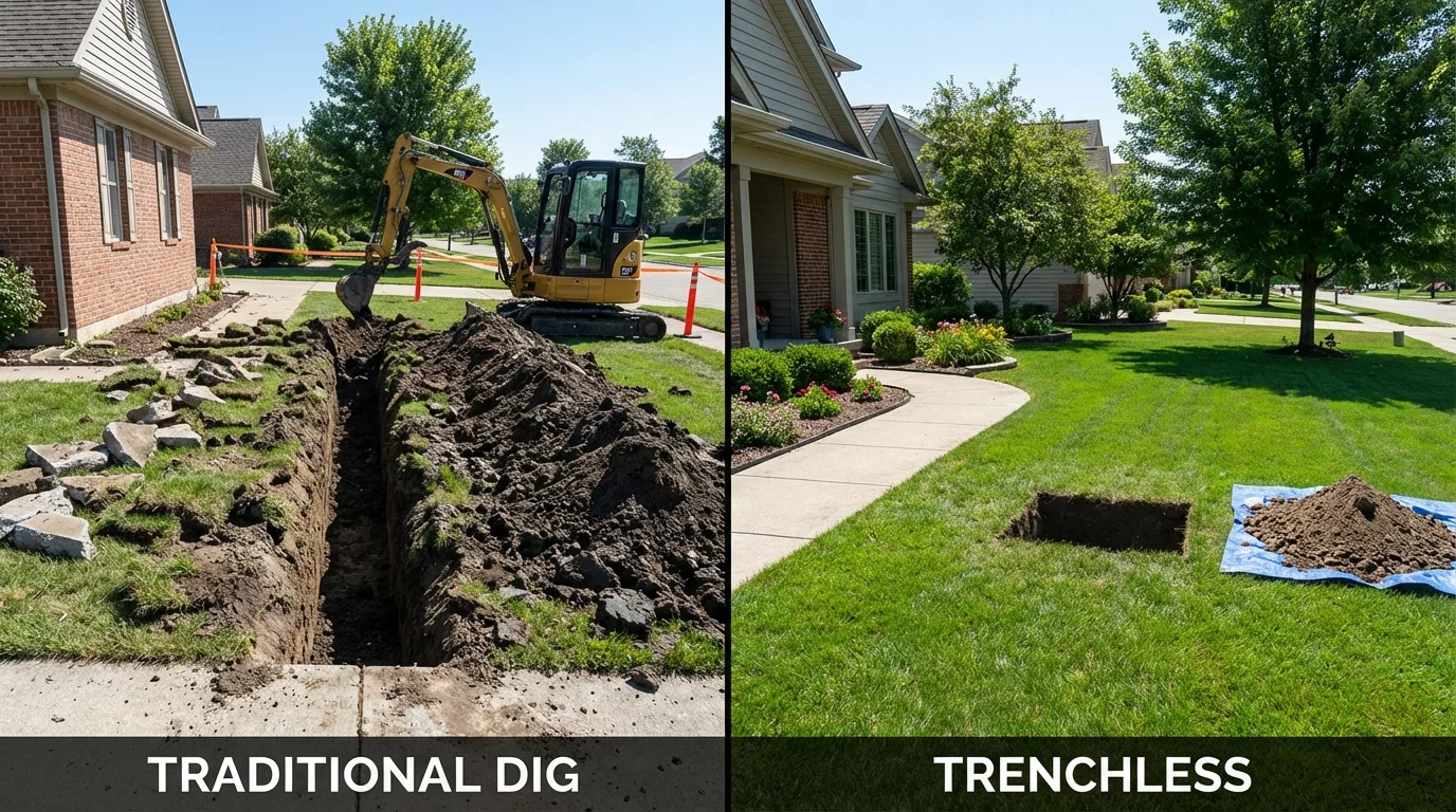 Trenchless sewer repair with minimal yard damage versus traditional excavation in Ellettsville, IN