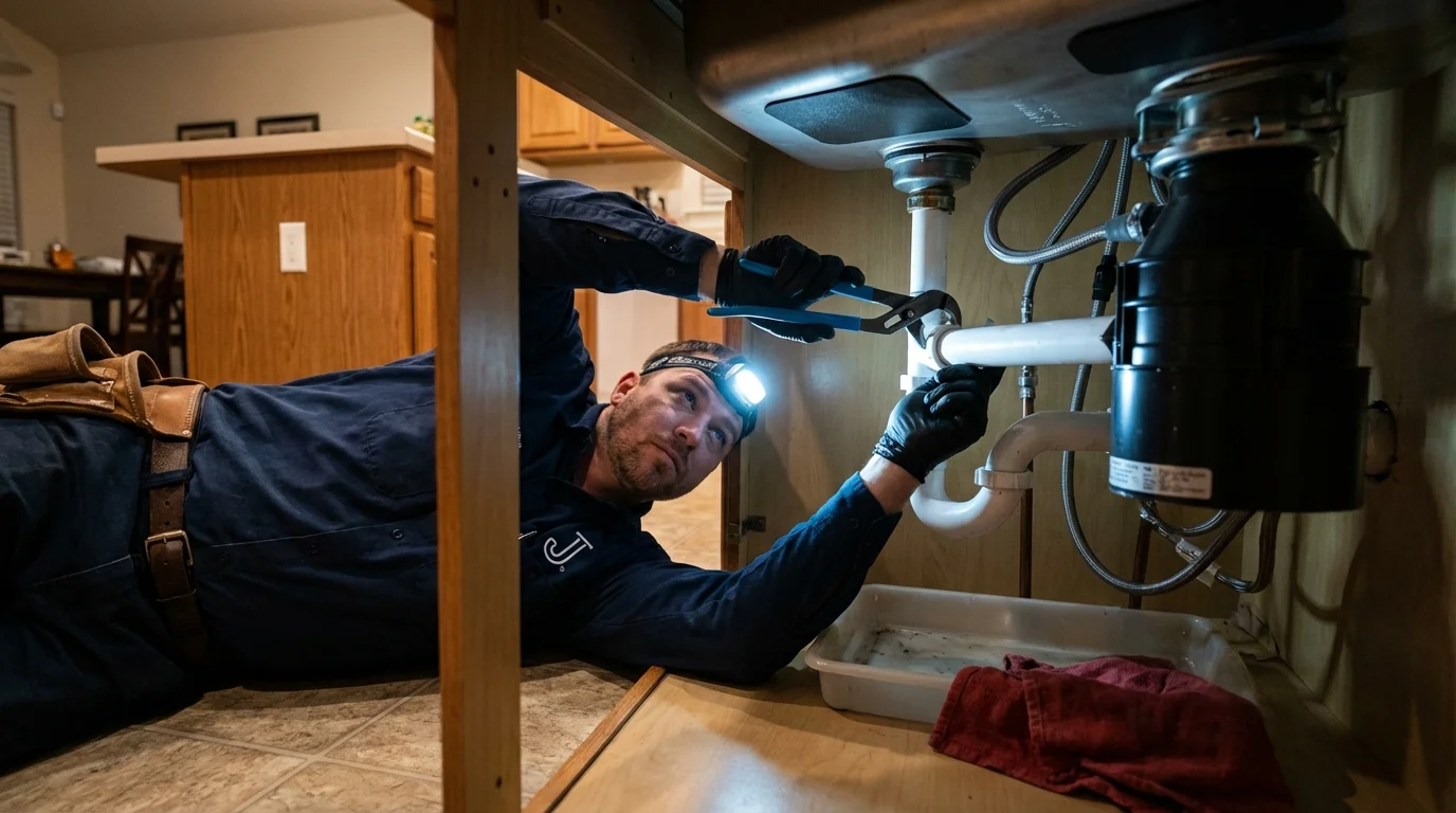 P-trap and supply line connections under a kitchen sink showing a common leak point in Ellettsville, IN